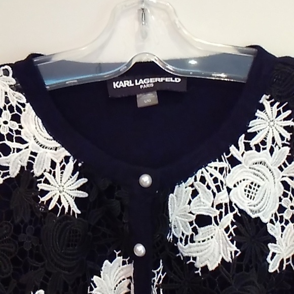 Karl Lagerfeld Black White Floral Crochet Lace Front Cropped Cardigan Sweater - Picture 2 of 13